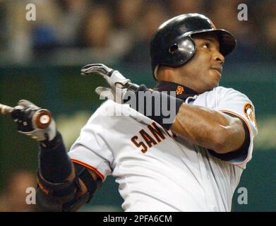 Barry Bonds of San Francisco Giants hits his second home-run in