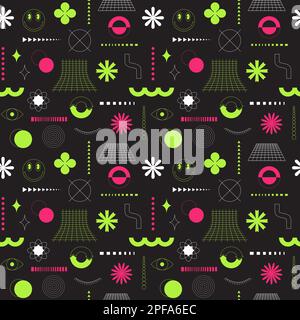 Pink and green seamless pattern with neon acidic abstract geometric, bold, linear shapes. Brutalism, retro futurism style. inspired. For web design, c Stock Vector