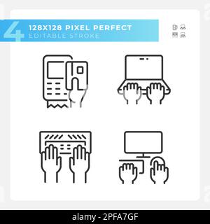 Hands using devices pixel perfect linear icons set Stock Vector
