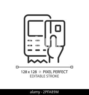 Hand with EDC device pixel perfect linear icon Stock Vector