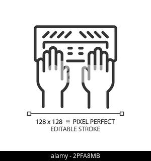 Hands with Braille keyboard pixel perfect linear icon Stock Vector