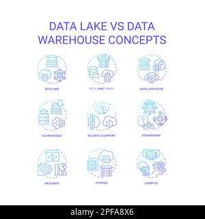 Data lake vs data warehouse blue gradient concept icons set Stock Vector