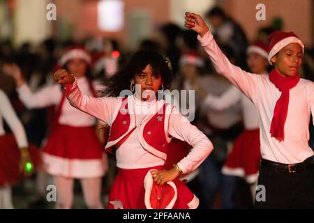 Matamoros, Tamaulipas, Mexico - Dicember 9, 2022: The Desfile de Navidad, Dancers wearing traditional clothing performing at the parade Stock Photo