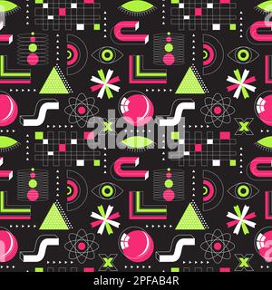 Bright pink and green neon acidic seamless pattern. Abstract geometric shapes, bold, linear objects. Brutalism, retro futurism style. Dots, triangles, Stock Vector