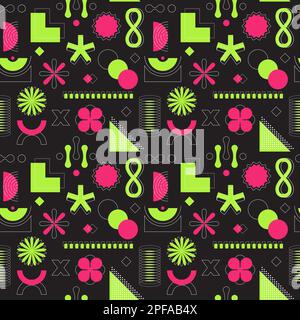 Bright pink and green neon acidic seamless pattern. Abstract geometric shapes, bold, linear objects. Brutalism, retro futurism style. For web design, Stock Vector