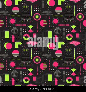 Seamless pattern with abstract geometric shapes, bold elements. Inspired by brutalism, retro futurism style. For web design, poster, cover, textile. A Stock Vector