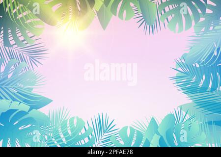 Summer tropical leavs frame with sun, palm leaves background with place for your text. Vector illustration. Stock Vector