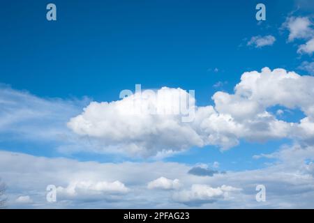 White cloud in the blue sky. Blue sky background with clouds. Natural daylight and white clouds floating on blue sky. Copy space for text, nobody Stock Photo