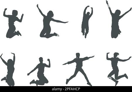 Jumping people silhouettes, Happy jumping people silhouette, Jumping person vector Stock Vector