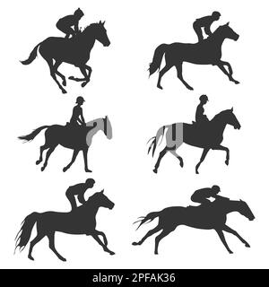 Jockey riding horse silhouette, jockeys silhouette set Stock Vector