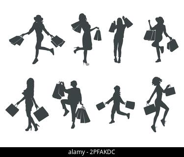 Woman shopping silhouette, Woman with shopping bags silhouettes Stock Vector