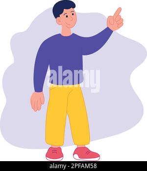 Cartoon man with a pointing finger. Male pointing or attracting viewers attention. Bright hand drawn boy with raised index finger Stock Vector