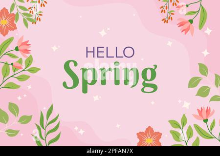 Pink flowers and green leaves framing rectangular space, soft background. Playful script text Hello Spring seasonal design and promotion. Evoking feeling of renewal and fresh starts that spring brings Stock Vector