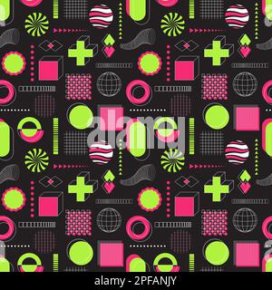 Seamless pattern with acid neon green and pink abstract geometric shapes, bold, linear elements. Inspired by brutalism, retro futurism style. For web, Stock Vector