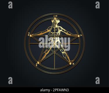 Gold Pentagram and human body, Agrippa, Symbols of the sun and moon are in center, while the other five classical planets are around the edge. Stock Vector