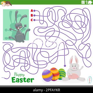 Cartoon illustration of lines maze puzzle game with Easter Bunnies character and Easter eggs Stock Vector