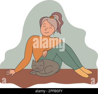Young woman is resting near her sleeping cat. Girl sitting with a cat. Hand drawn art in pale colors Stock Vector