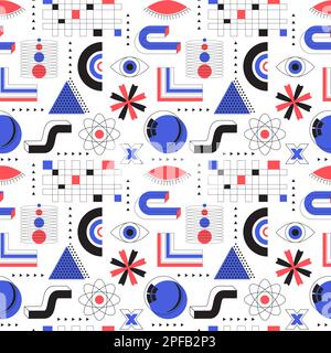 Seamless pattern with abstract geometric elements and bold shapes. Brutalism, retro futurism style inspired. Circles, wave, grid, arrow. Backdrop for Stock Vector