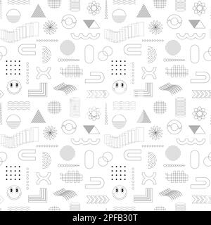 Black and white seamless pattern with abstract geometric, linear, outline shapes. Smiling face, circles, rectangles. Brutalism, retro futurism style i Stock Vector
