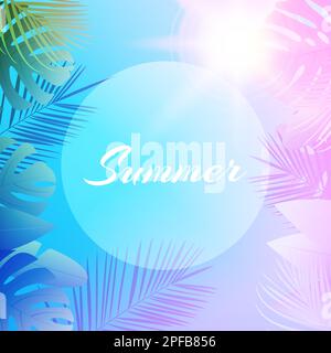 Tropical green leaves palm, monsteras with white round banner with text. Stock Vector