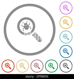 Bug tracking flat color icons in round outlines on white background Stock Vector