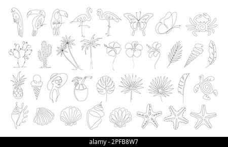 Continuous Line Drawing Vector Set of Summer Elements. Single line art. One Line Illustration Stock Vector