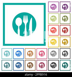 Tableware set solid flat color icons with quadrant frames on white background Stock Vector