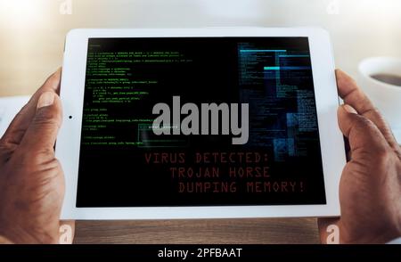 Man, tablet and cyber security virus on screen of internet fraud, 404 phishing scam or data privacy online. Digital coding, trojan horse ransomware Stock Photo