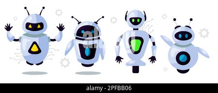 Set of cute robots, chatbots, AI bots characters design vector. AI technology and cyber characters. Futuristic technology service and communication ar Stock Photo