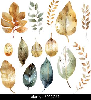 Set of golden palm tree leaves isolated on black transparent background ...
