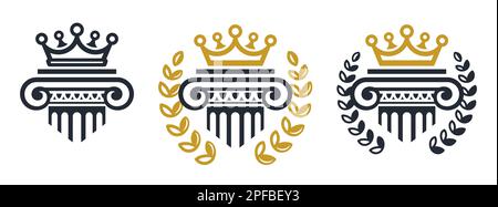 Columns-pedestals with crowns. Law, business, museum, bank, library, theater, justice logos. Vector EPS 10. Isolated on a white background Stock Vector