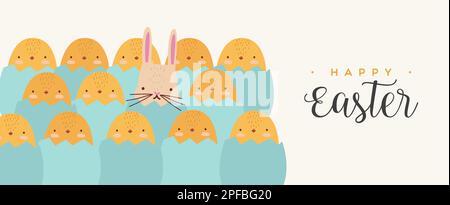 Group of easter eggs with yellow chicks and a rabbit hatching in cartoon flat design style. Fun banner for spring season. Stock Vector