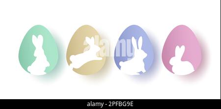 Easter eggs and silhouette rabbits in paper cut style. Set of poses bunnies in pastel colors on isolated background. collection of decorative elements Stock Vector