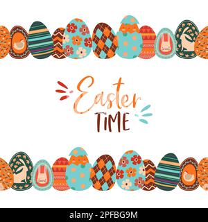Happy Easter cute cartoon greeting card illustration of colorful pastel painted rabbit eggs. Spring season hand drawn doodles, flowers, folk style dec Stock Vector