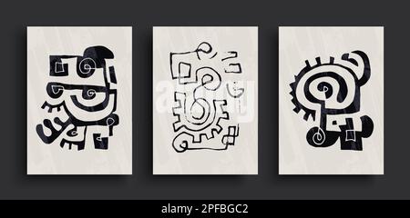 Collection of abstract line art contemporary posters. Matisse inspired shapes for interior decoration. Black and white hand drawn vector illustration Stock Vector