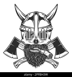 Viking skull smoking cigar or cigarette bearded and mustached in horned helmet with crossed axes in vintage monochrome style illustrations Stock Vector