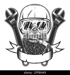 Skull smoking cigar or cigarette with mustache and beard in safety glasses with construction wrench for gas and builder plumbing pipe or mechanic Stock Vector