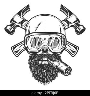 Skull smoking cigar or cigarette with mustache and beard and safety glasses builder crossed hammers from new construction and remodeling house Stock Vector