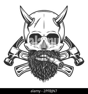 Skull smoking cigar or cigarette with horn with mustache and beard with builder crossed hammers from new construction and remodeling house business Stock Vector