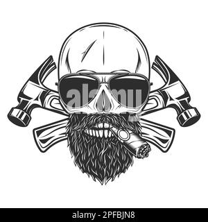 Skull smoking cigar or cigarette with mustache and beard and sunglasses builder crossed hammers from new construction and remodeling house business Stock Vector