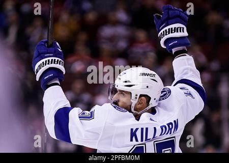 Tampa Bay Lightning left wing Alex Killorn (17) reacts after scoring the  winning goal in the shootout of the team's NHL hockey game against the New  Jersey Devils on Thursday, March 16,