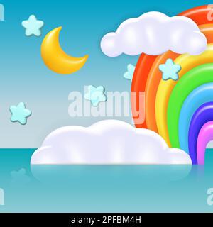 Plasticine or polymer miniature 3d rainbow background in bright tones decorated with moon, crescent, stars, clouds on sky and water surface background Stock Vector