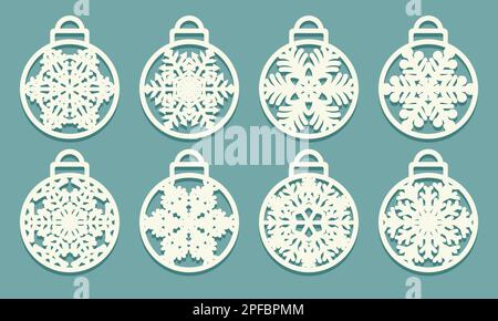 Snowflakes laser cut Xmas balls cutout of paper Set of sample Templates Christmas tree decor Christmas card for party laser or plotter cutting printin Stock Vector
