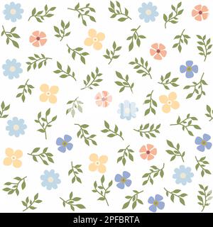 Colorful floral seamless pattern on the white background. Isolated abstract simple shape flowers with leaves in pastel colors. Beautiful girlish print Stock Photo