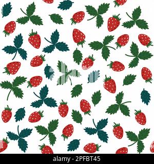 Strawberry seamless pattern with isolated red strawberry and green leaves. Berry print on the white background Бесшовный фон с клубникой Stock Photo