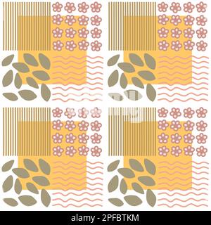 Agricultural seamless pattern. Pink flowers, brown and yellow stripes and squares on the white background. Simple print for fabric, wallpaper Stock Photo