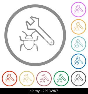 Bug fixing outline flat color icons in round outlines on white background Stock Vector