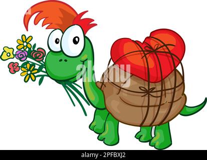Happy little turtle in love isolated on white Stock Vector