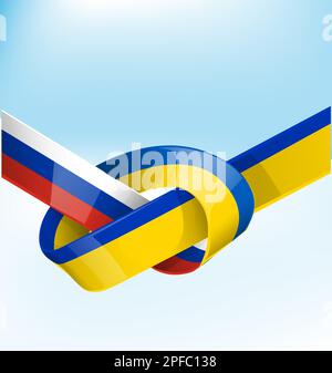 Ukraine and Russia flag  ribbon on sky background. vector Stock Vector
