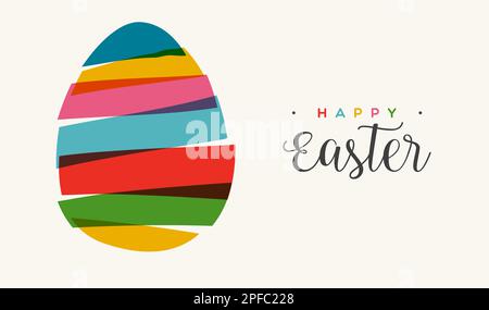 Easter egg poster in transparent bright colors in collage style. Multicolored cut out stripe design. Used for greeting cards, banners and promotions. Stock Vector